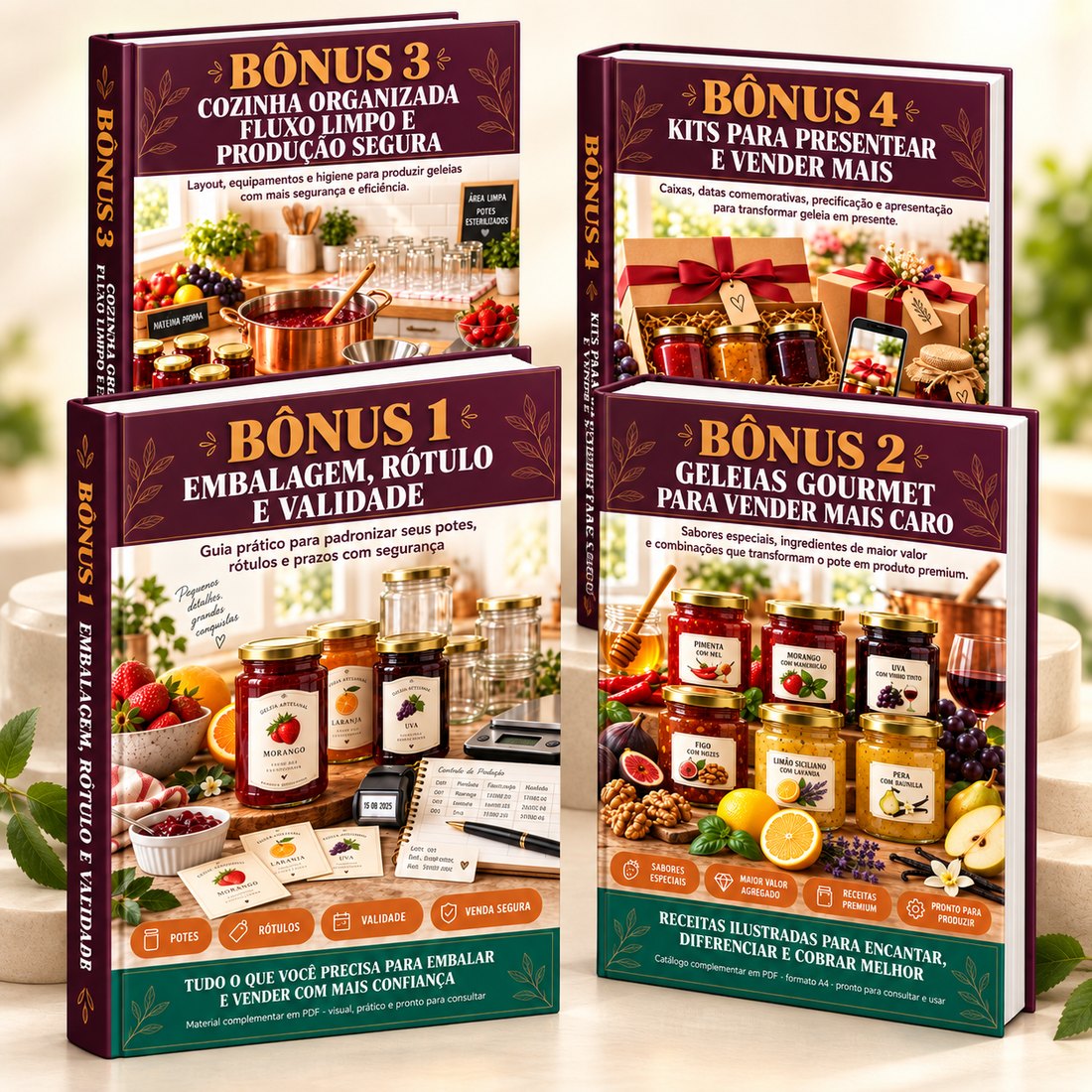 As quatro capas dos bônus: Embalagem e Rótulo, Geleias Gourmet, Cozinha Organizada e Kits para Presentear