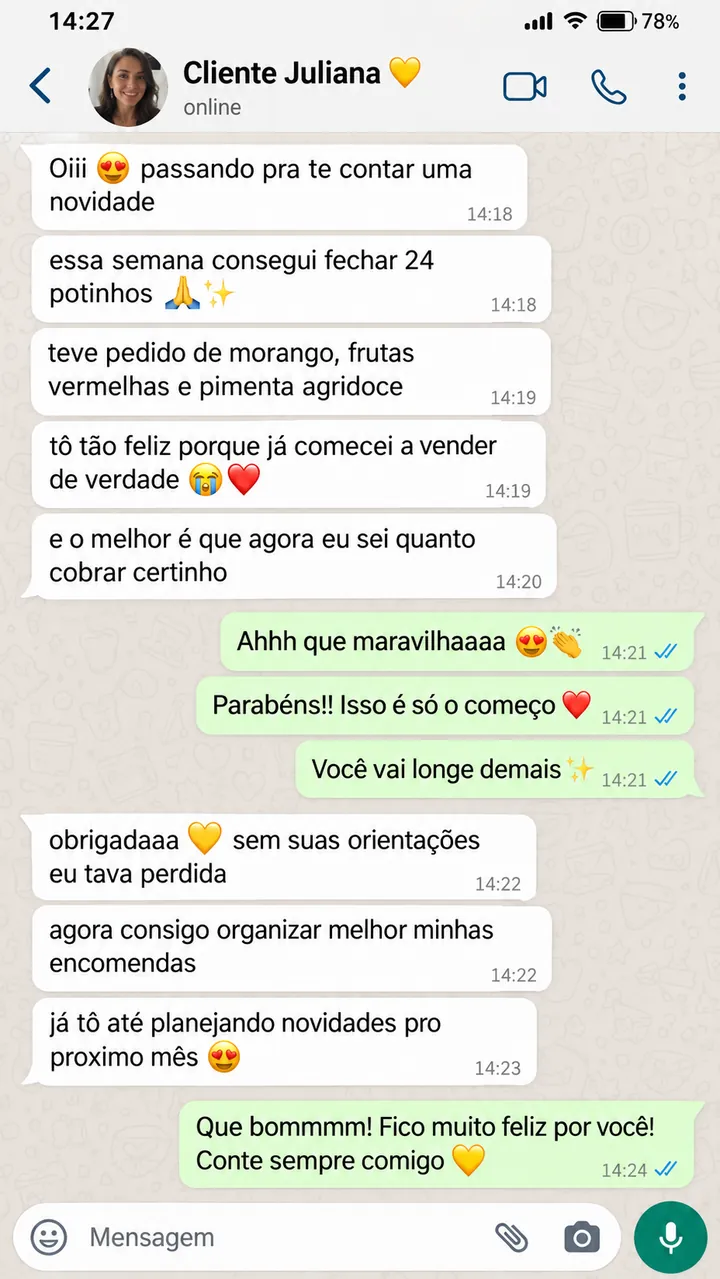 Conversa no WhatsApp: cliente Juliana conta que fechou 24 potinhos na semana e que agora sabe quanto cobrar
