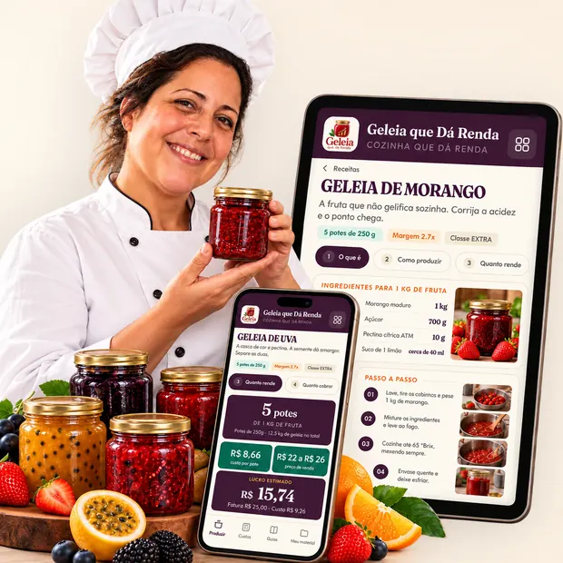 Produtora de avental de chef segurando um pote de geleia ao lado do aplicativo aberto no celular e no tablet, mostrando a receita, o custo por pote e o lucro estimado